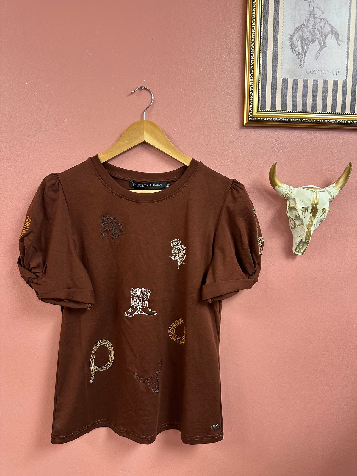 Western Icon Embroidered Puff Sleeve - Brown
