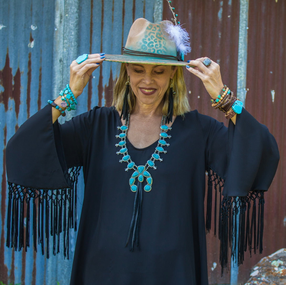 **Turquoise Squash Blossom Necklace w/ Long Black Tassel 262b