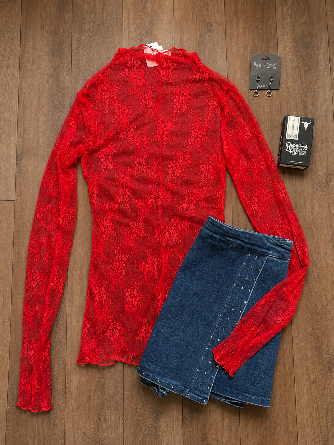 Molly Mesh Lace Long Sleeve - Red