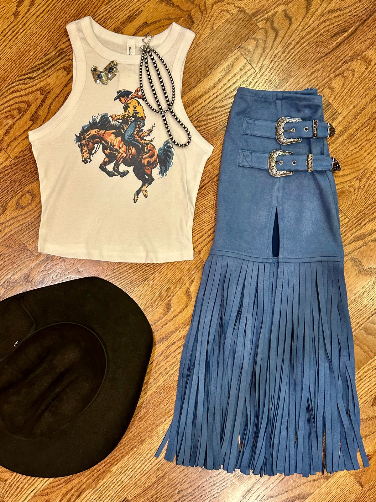 Skylar Rose Suede Fringe Buckle Skirt - Blue