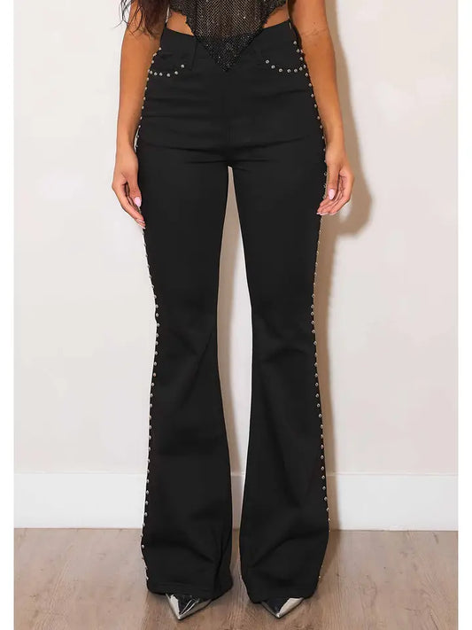 Studded Black High Rise Flares