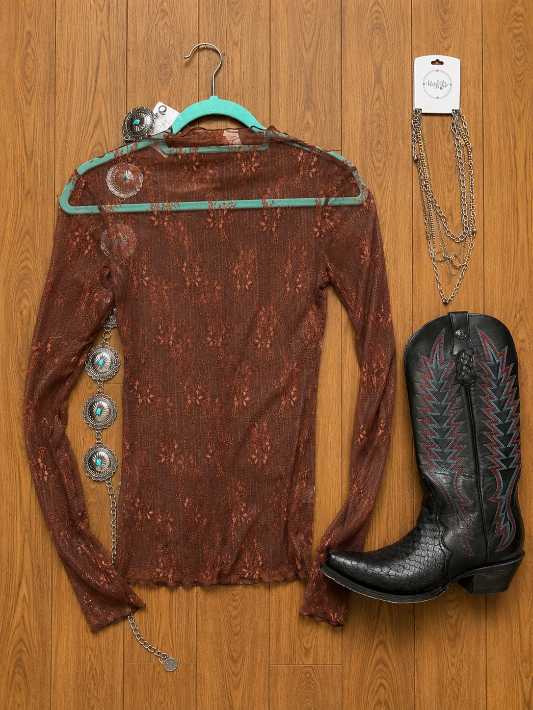 Molly Mesh Lace Long Sleeve - Brown