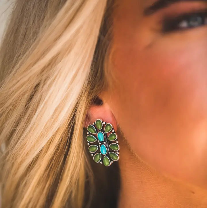 Faux Turquoise & Green Oval Cluster Earrings