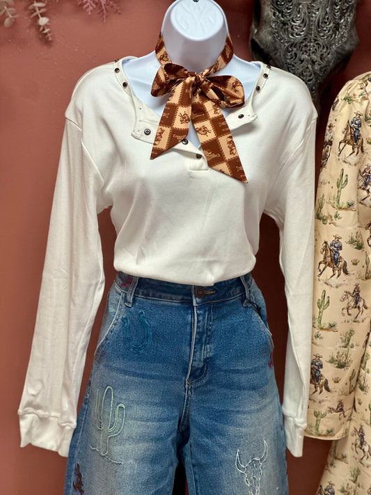 Ivory Ribbed Studded Long Sleeve