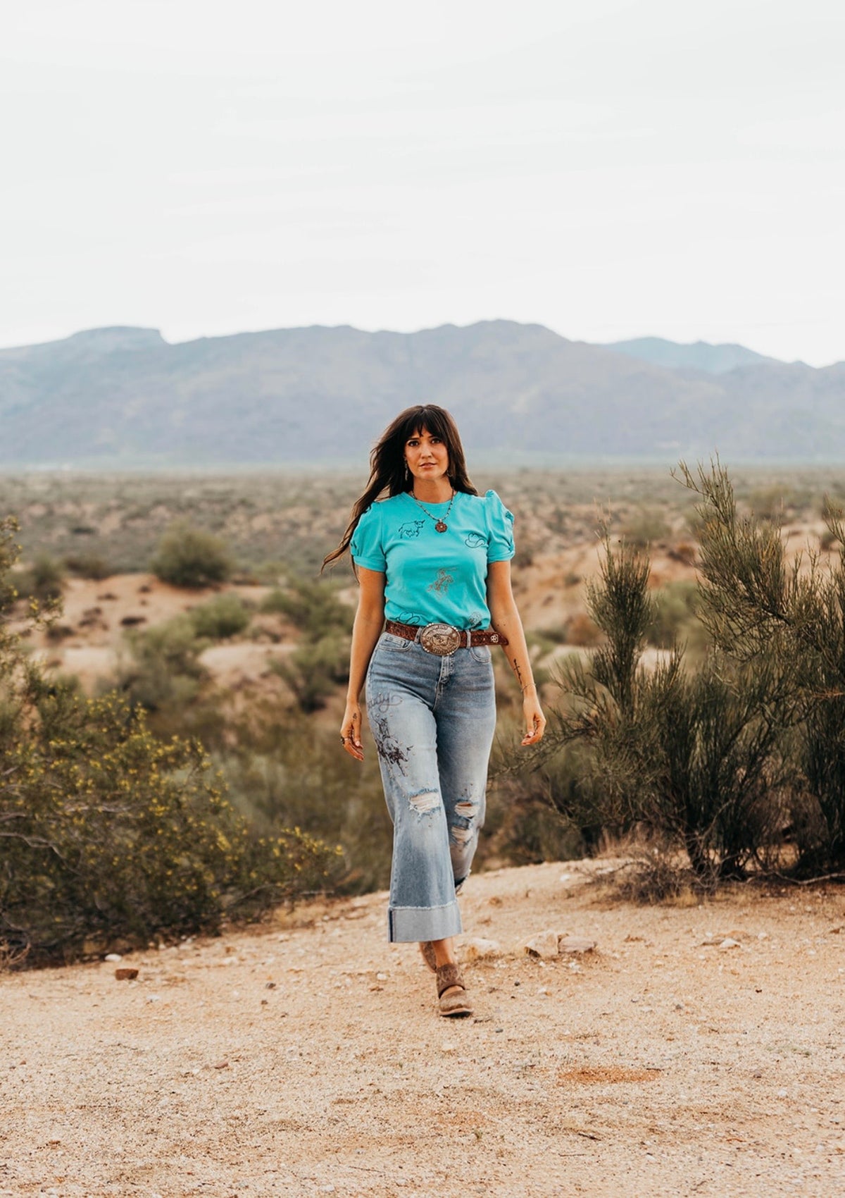 Western Icon Embroidered Puff Sleeve - Turquoise