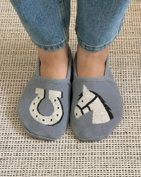Horse Knit Slippers - Dusty Blue