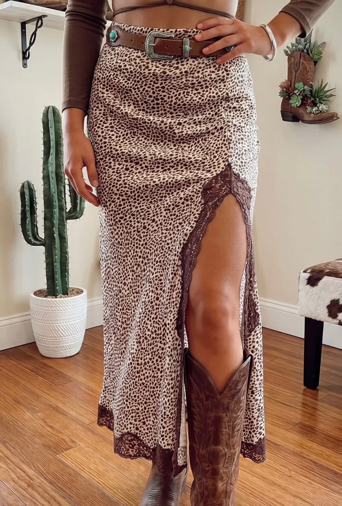 Western Cheetah Slit Skirt (S-XL)