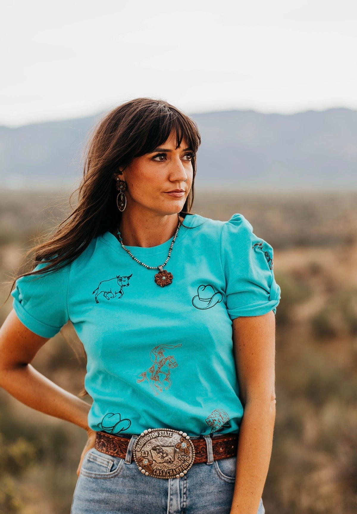 Western Icon Embroidered Puff Sleeve - Turquoise