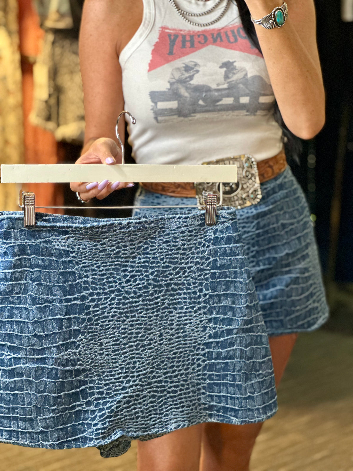 Western Croc Print Denim Skort