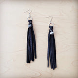 **Black Leather Fringe Earrings with Silver Bead Accent-Black 200c