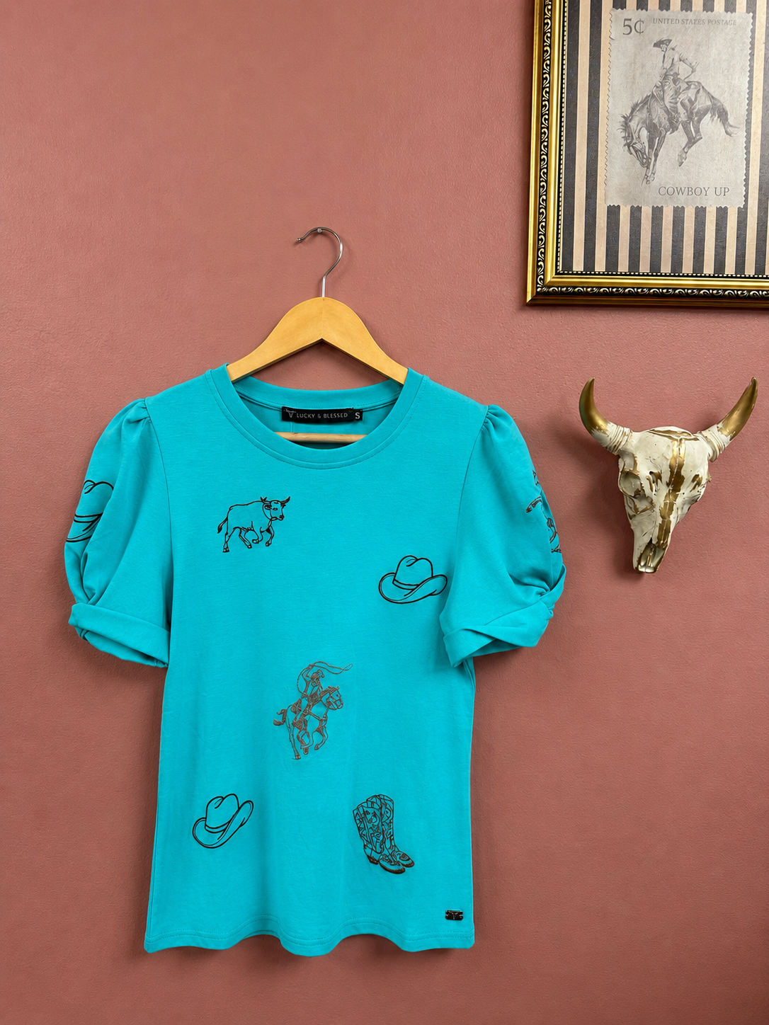 Western Icon Embroidered Puff Sleeve - Turquoise