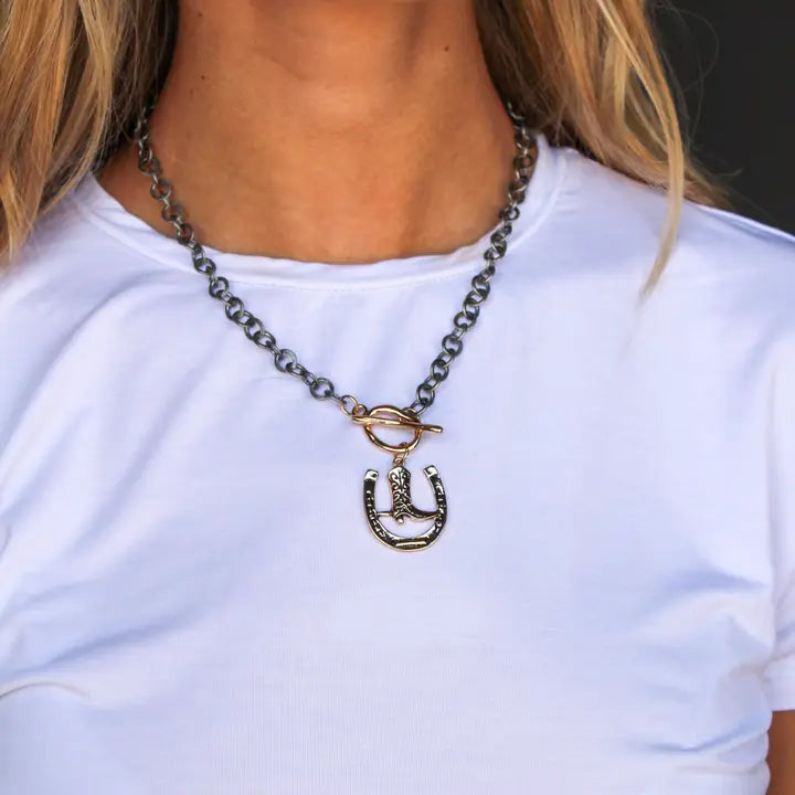 Two-Tone Chain Necklace w/ Horseshoe Pendant
