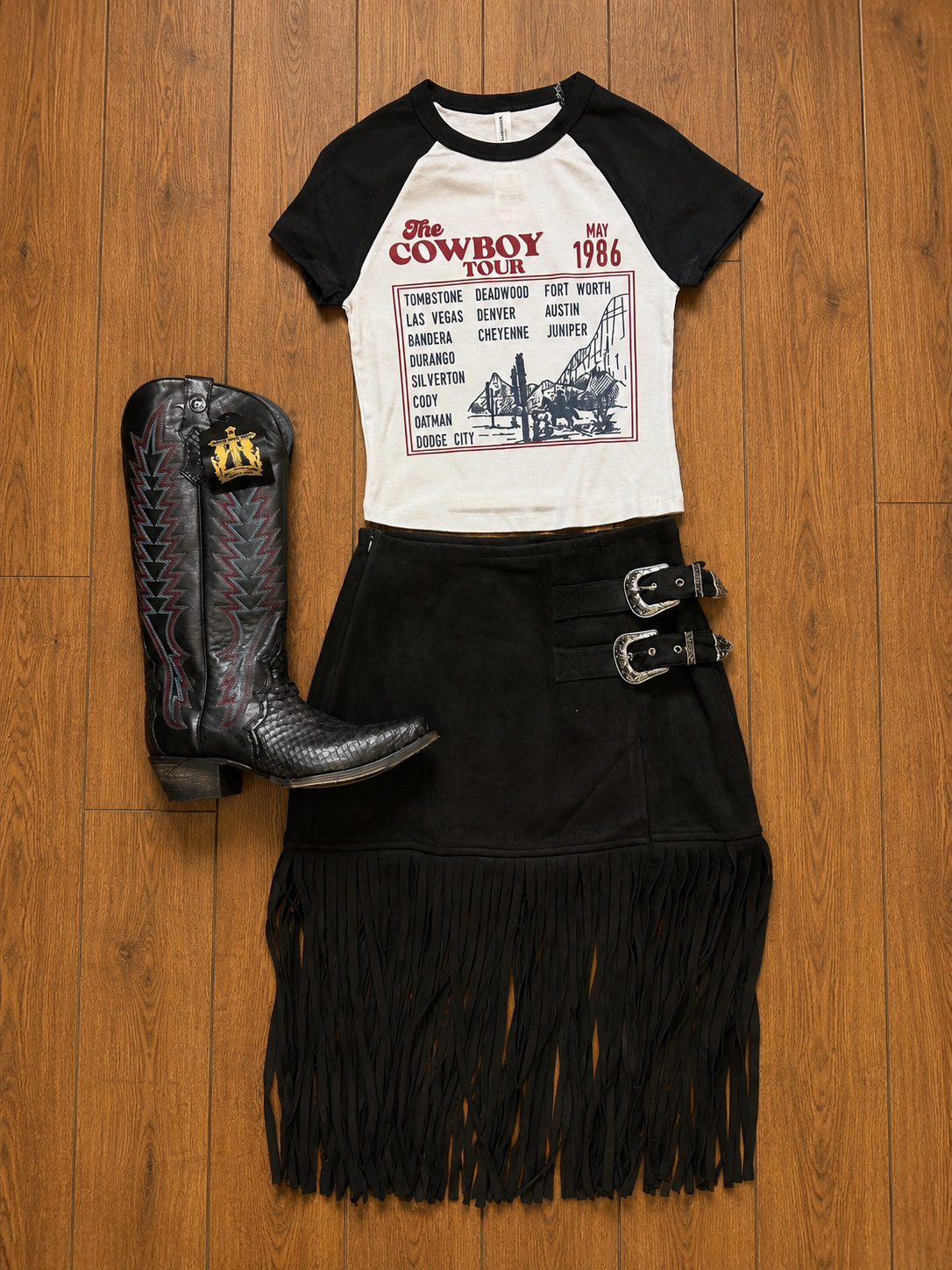 Skylar Rose Suede Fringe Buckle Skirt - Black