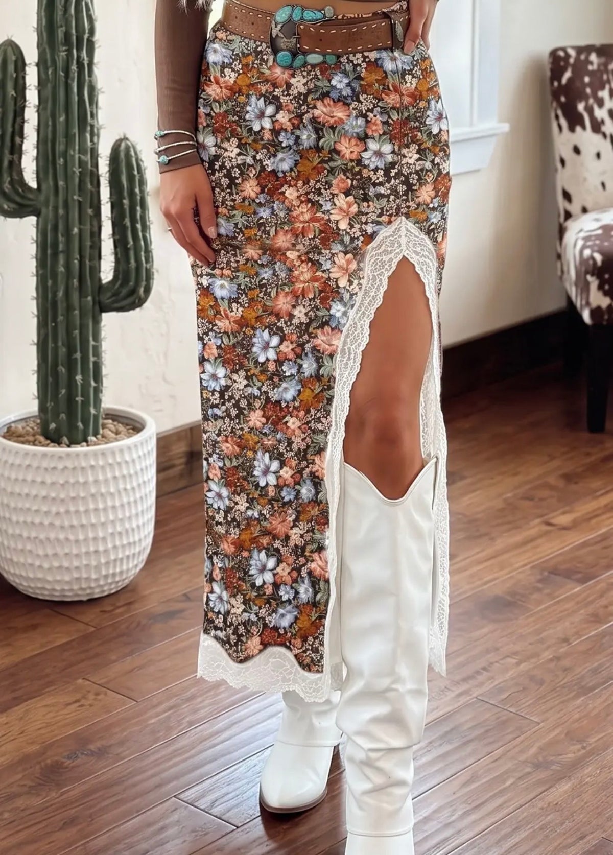 Western Fall Floral Slit Skirt (S-XL)