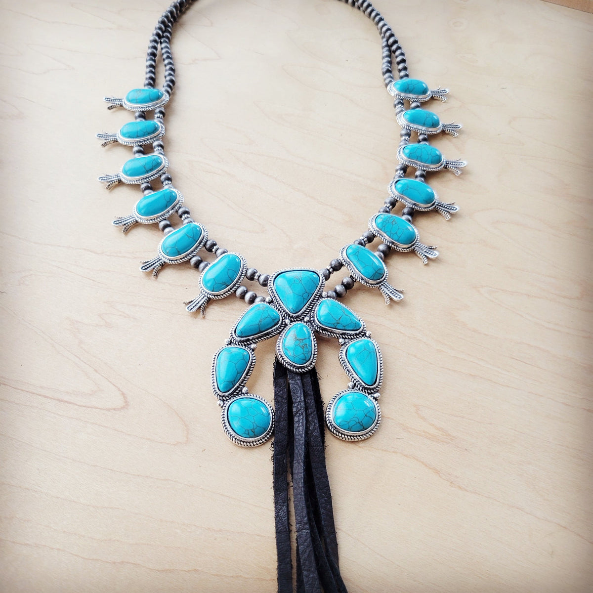 **Turquoise Squash Blossom Necklace w/ Long Black Tassel 262b
