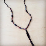 Picasso Jasper Necklace with Wood Beads and Leather Tassel 261i