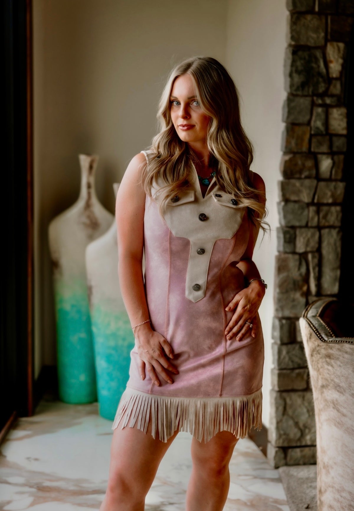 Mary Jane Fringe Suede Dress - Pink