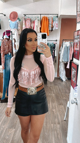 Lillian Pink Sequin Fringe Crop Top