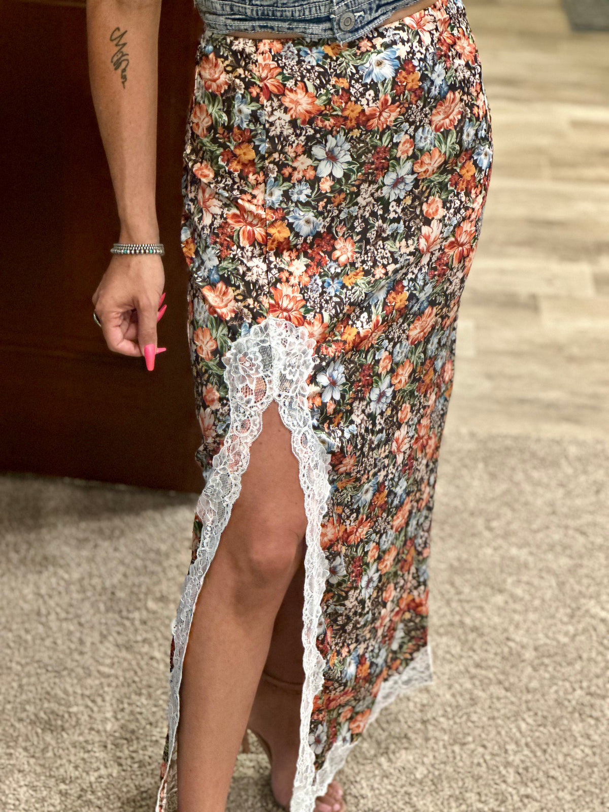 Western Fall Floral Slit Skirt (S-XL)