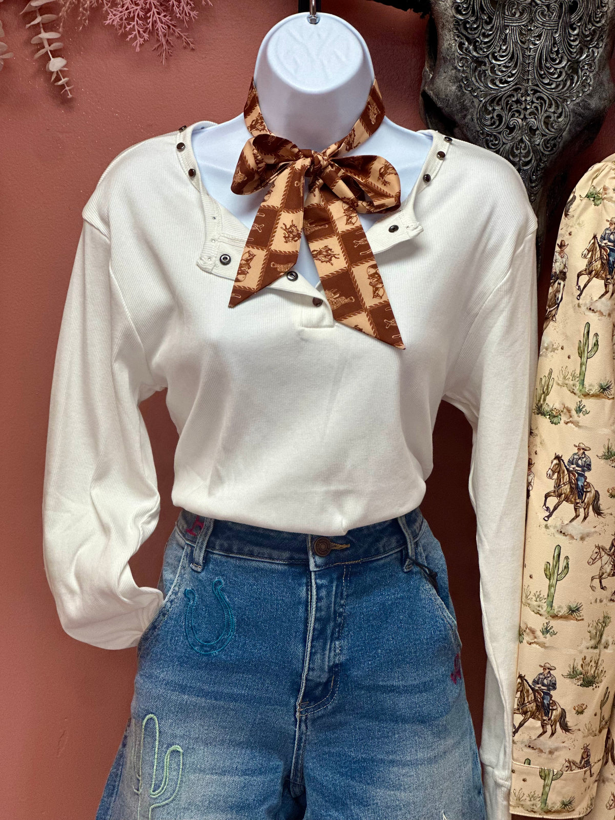 Ivory Ribbed Studded Long Sleeve