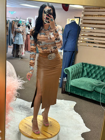 New River Faux Leather Skirt - Cognac