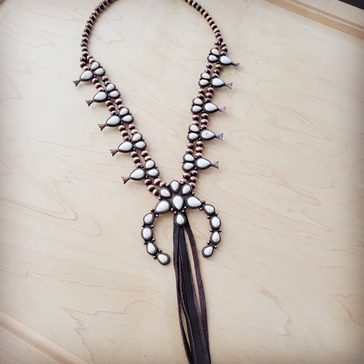 **White Turquoise Squash Blossom Necklace w/ Dark Brown Tassel 261z