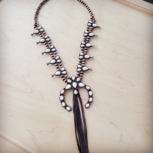 **White Turquoise Squash Blossom Necklace w/ Dark Brown Tassel 261z