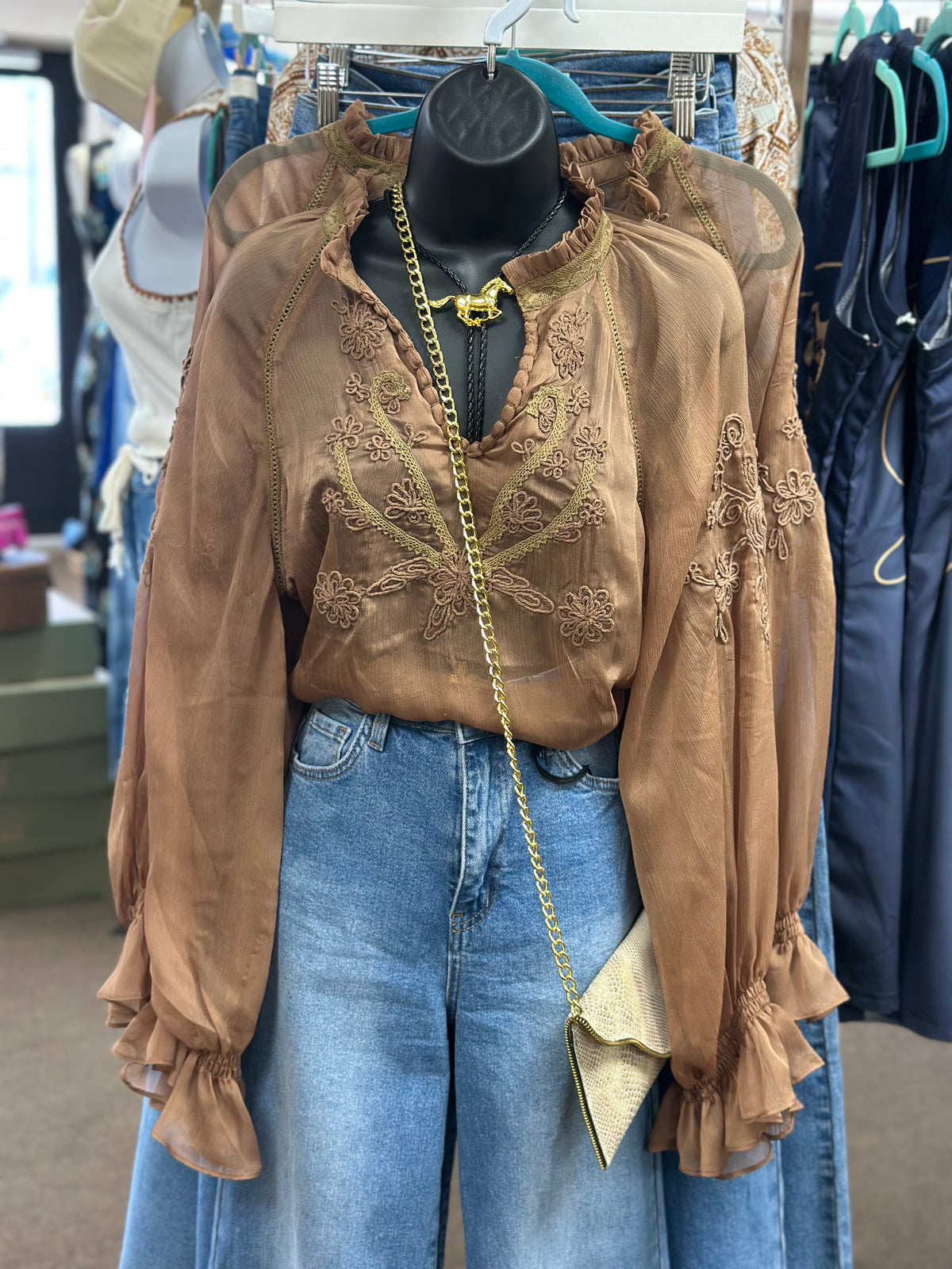 Cowgirl Faith Sheer Embroidered Top - Brown