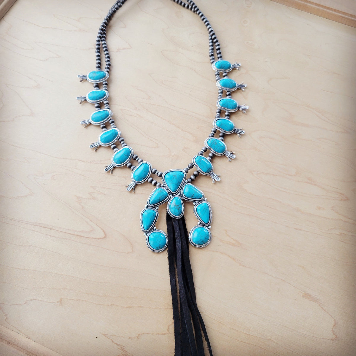 **Turquoise Squash Blossom Necklace w/ Long Black Tassel 262b