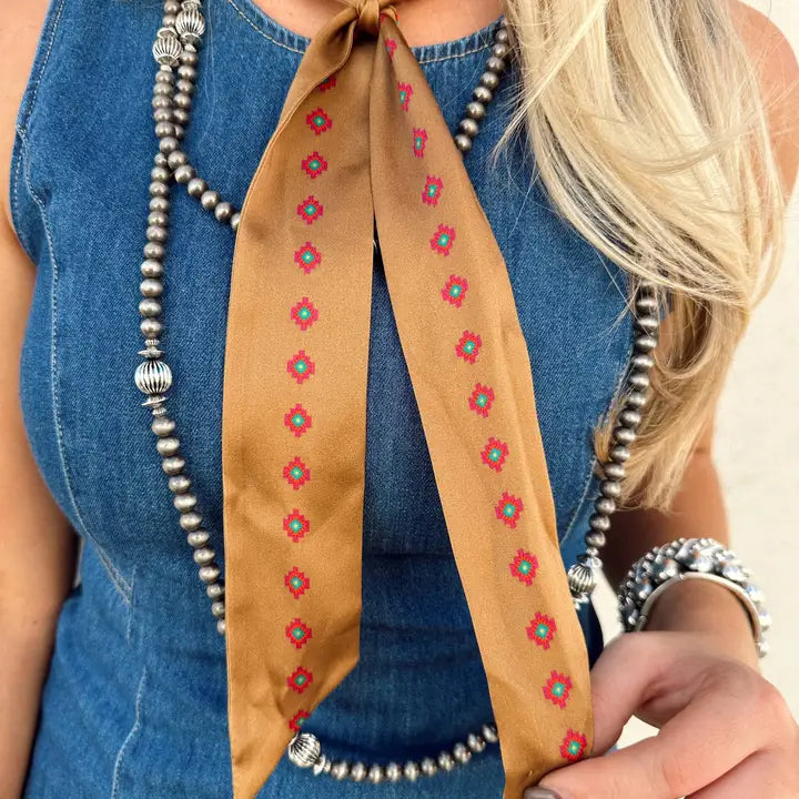 Tan Silk Twilly Scarf w/ Purple
