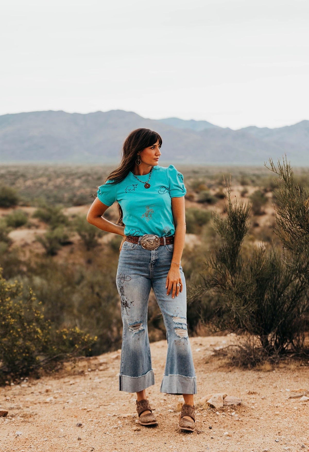 Western Icon Embroidered Puff Sleeve - Turquoise