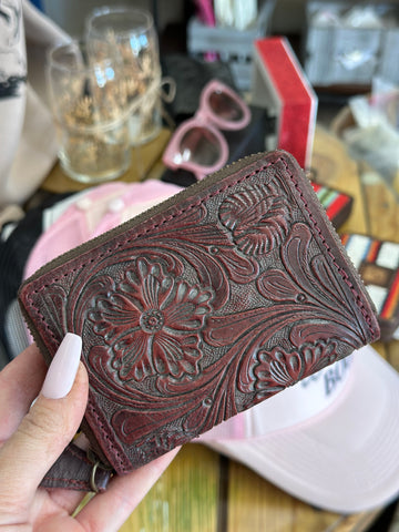 Maroon Tooled Leather Wallet - Small