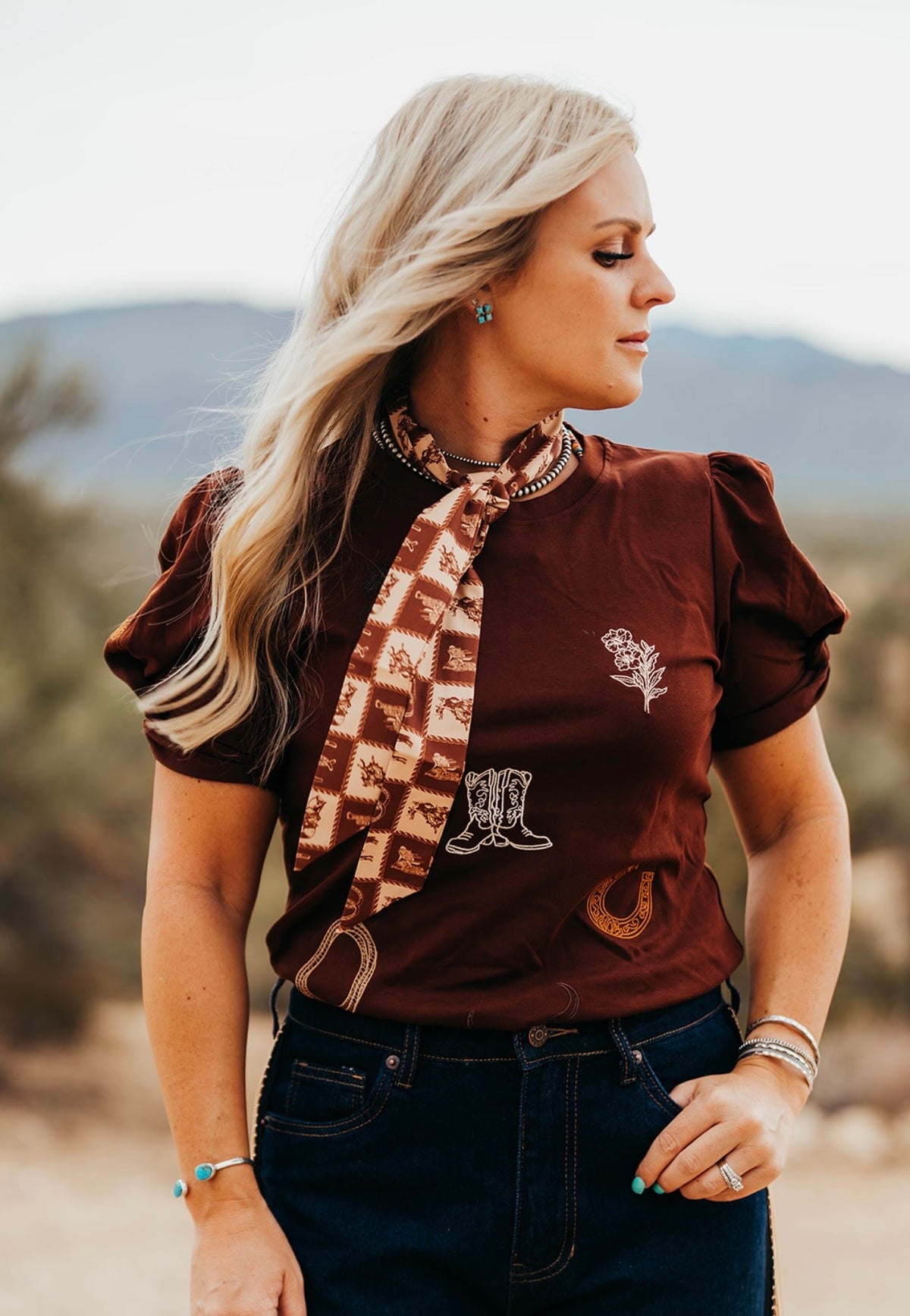 Western Icon Embroidered Puff Sleeve - Brown