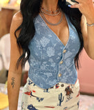 Floral Jacquard Denim Vest