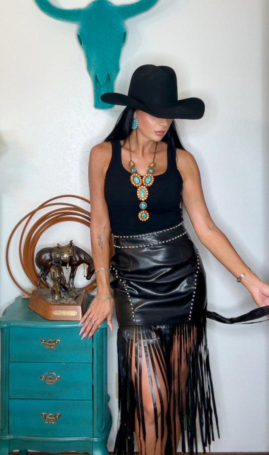 Desert Drifter Faux Leather Studded Fringe Skirt