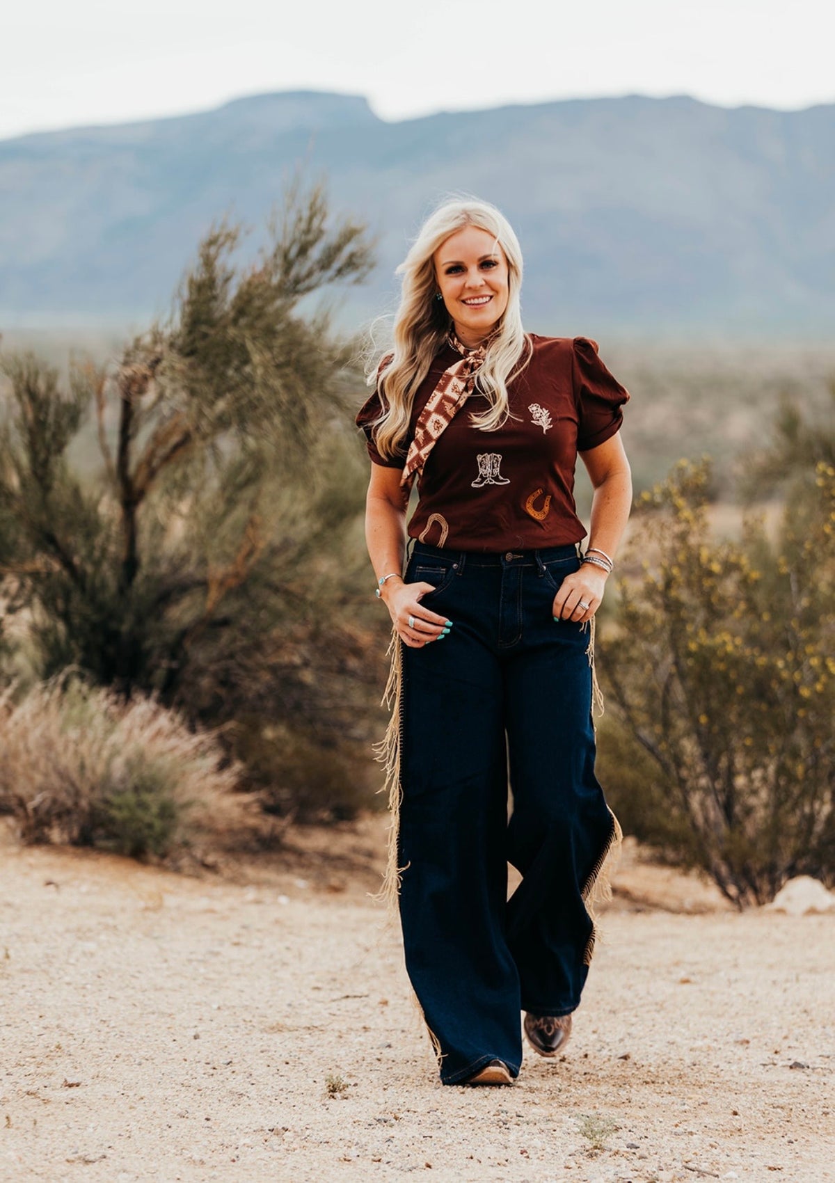 Western Icon Embroidered Puff Sleeve - Brown