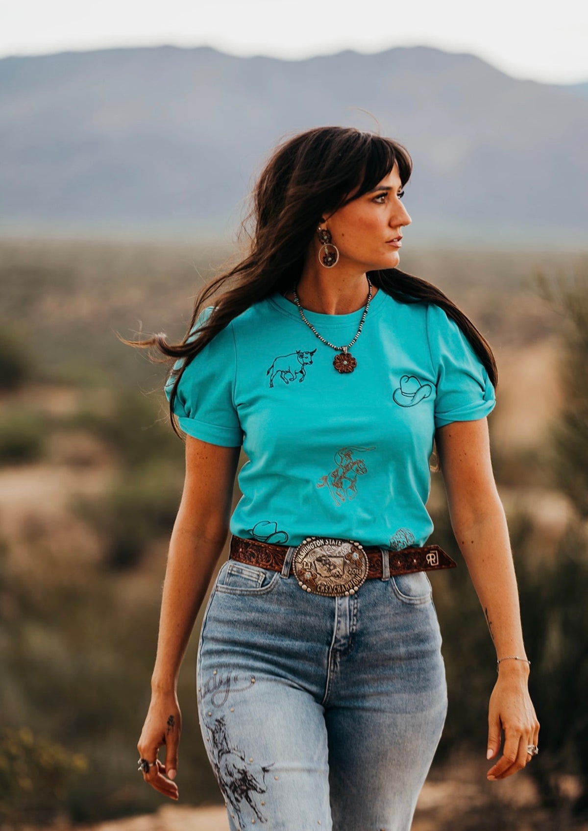 Western Icon Embroidered Puff Sleeve - Turquoise