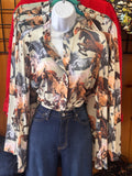 RESTOCK Horse Print Sheer Button Up