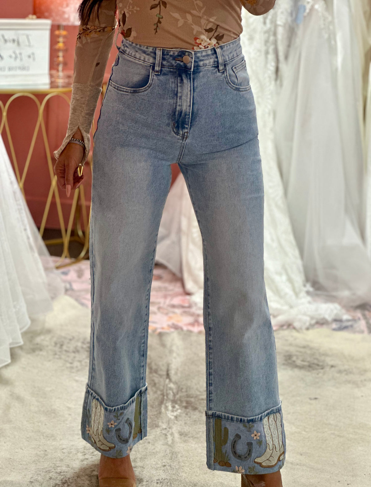 Cowgirl Embroidered Cuff Denim