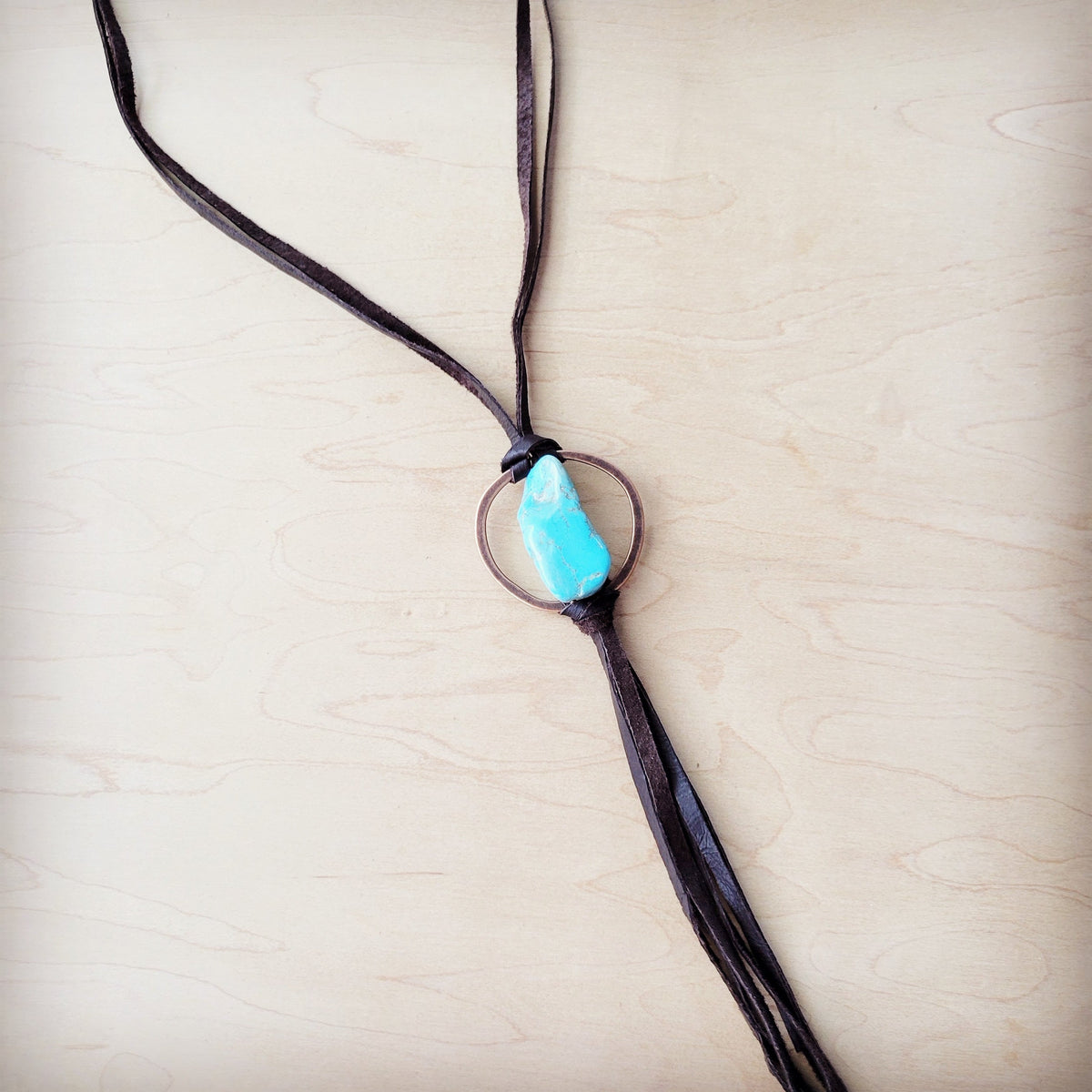 **Brown Boho Leather Necklace w/ Large Turquoise Chunky Pendant 261m