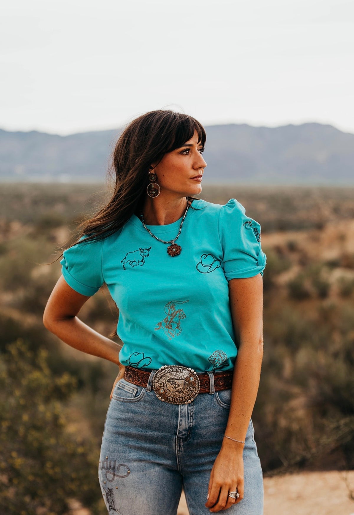 Western Icon Embroidered Puff Sleeve - Turquoise