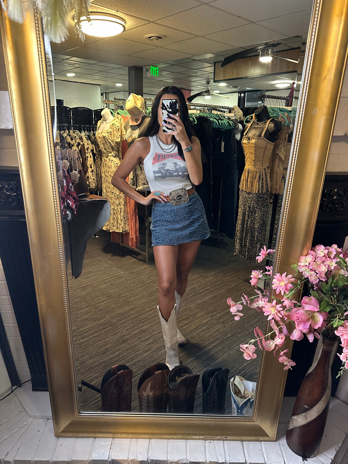Western Croc Print Denim Skort