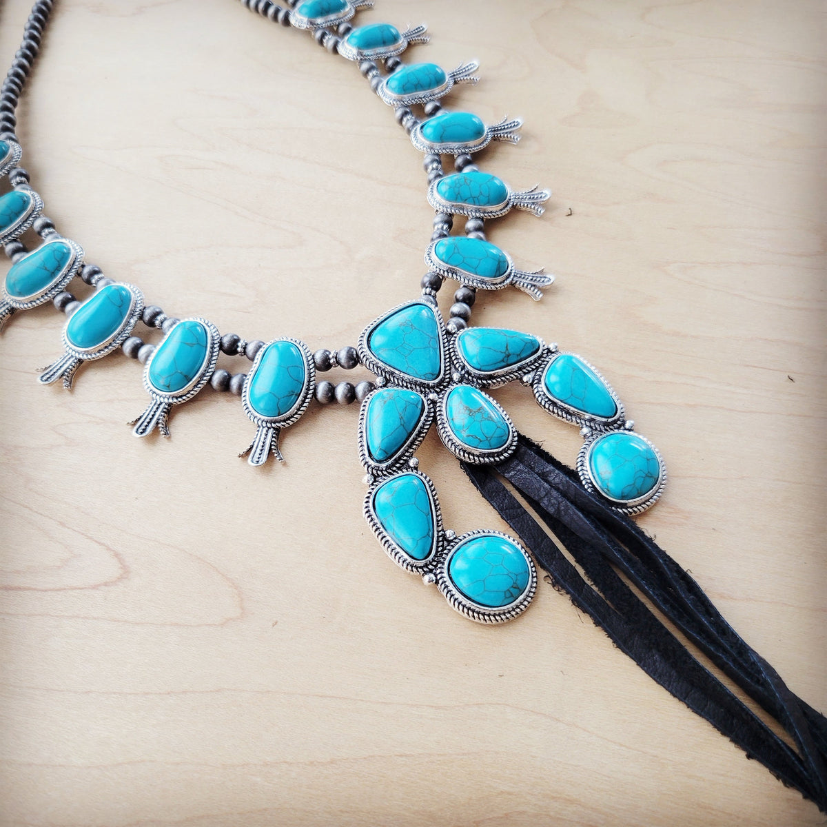 **Turquoise Squash Blossom Necklace w/ Long Black Tassel 262b