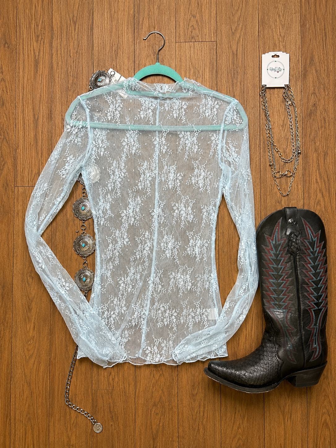 Molly Mesh Lace Long Sleeve - Sky Blue