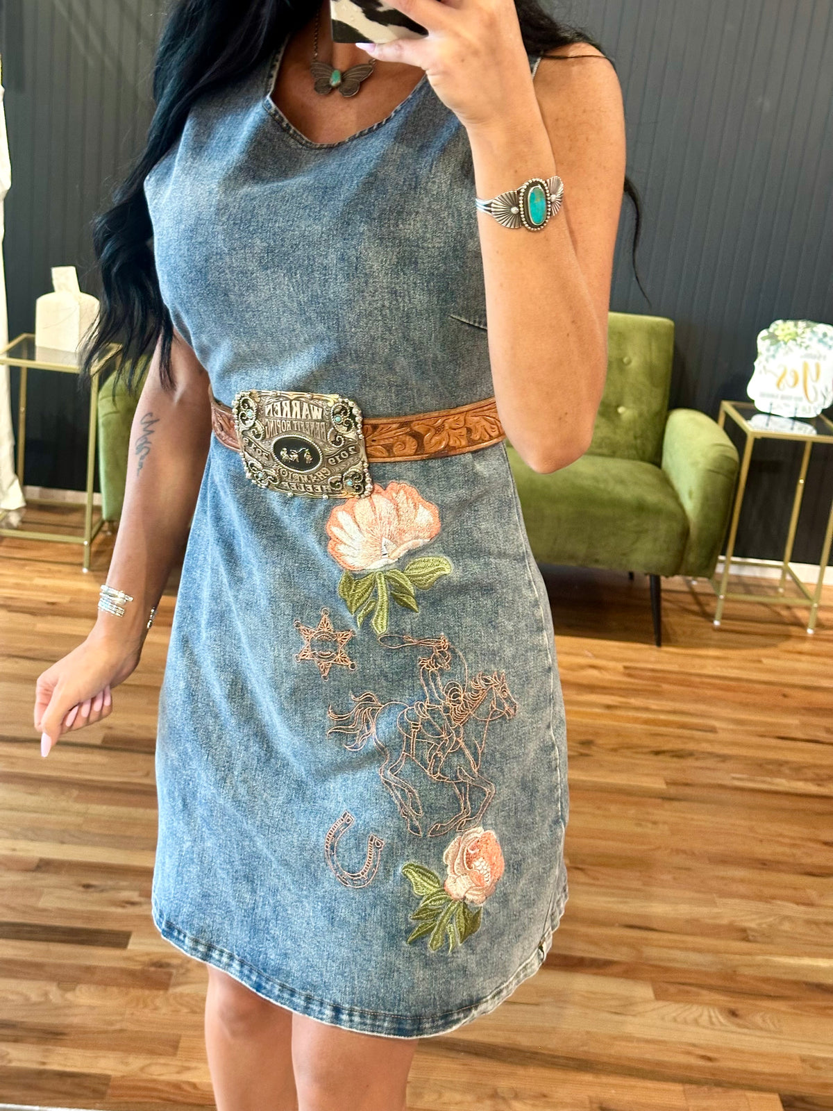 Wildflower Horse Denim Dress LARGE LEFT