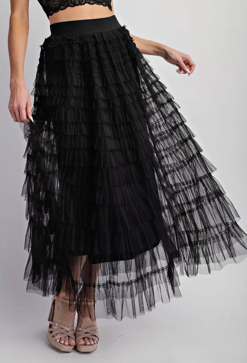 Cascading Tulle Tiered Maxi Skirt - Black