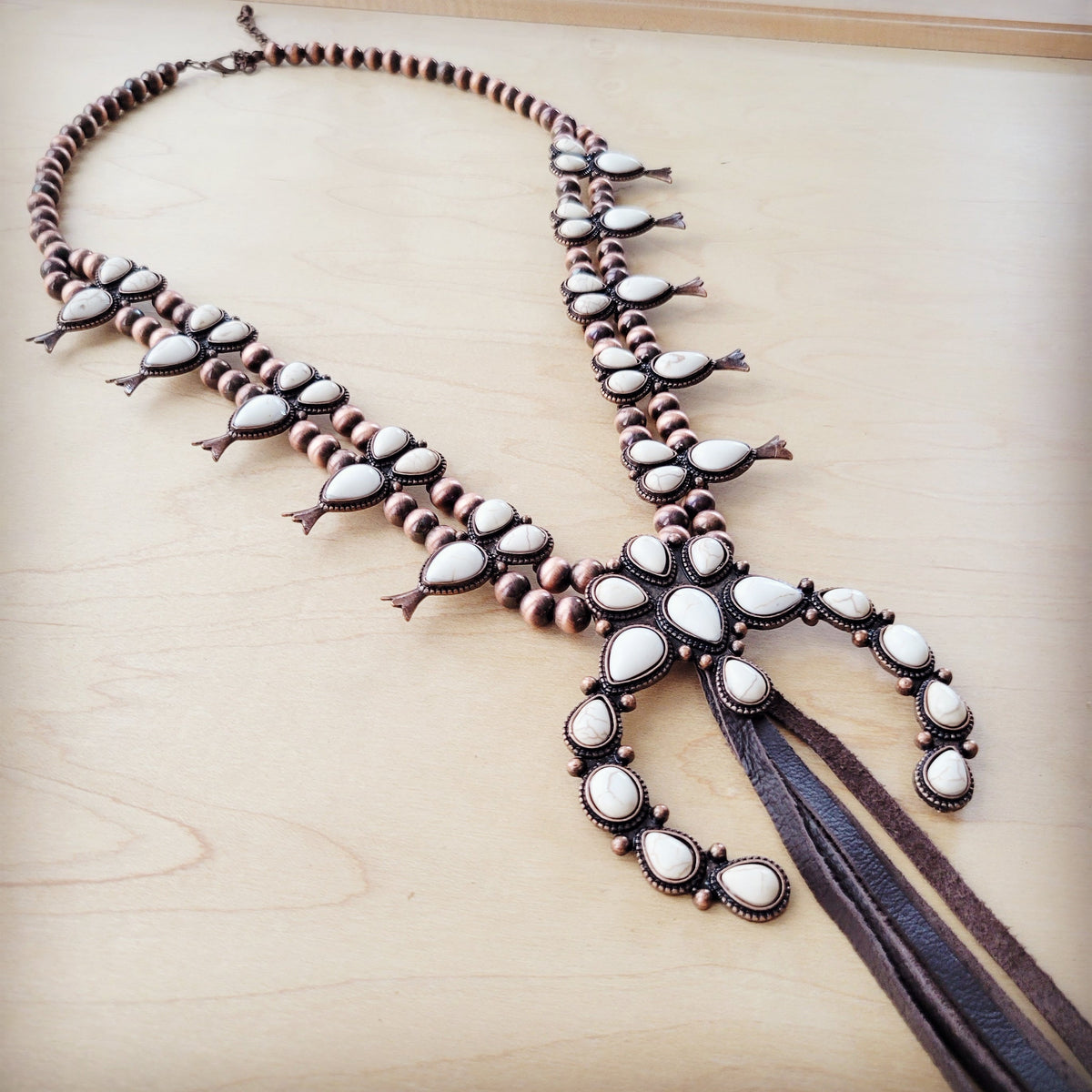 **White Turquoise Squash Blossom Necklace w/ Dark Brown Tassel 261z
