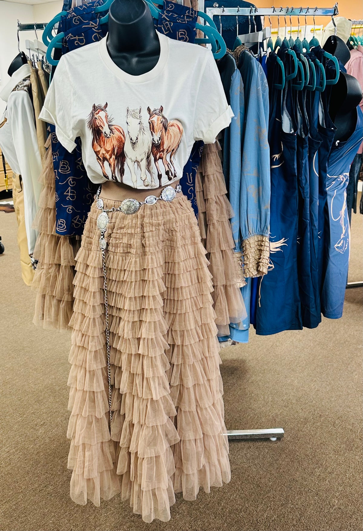 Cascading Tulle Tiered Maxi Skirt - Mocha