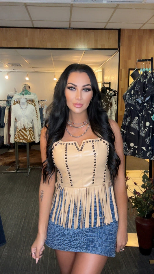 Sand Faux Leather Studded Corset Top