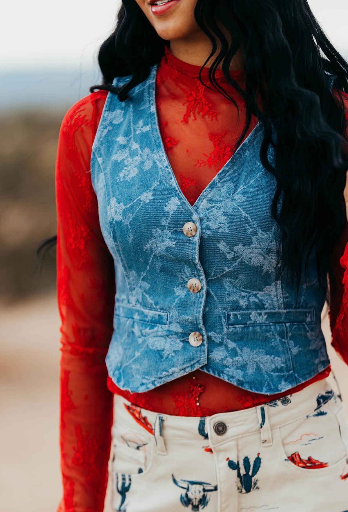 Floral Jacquard Denim Vest
